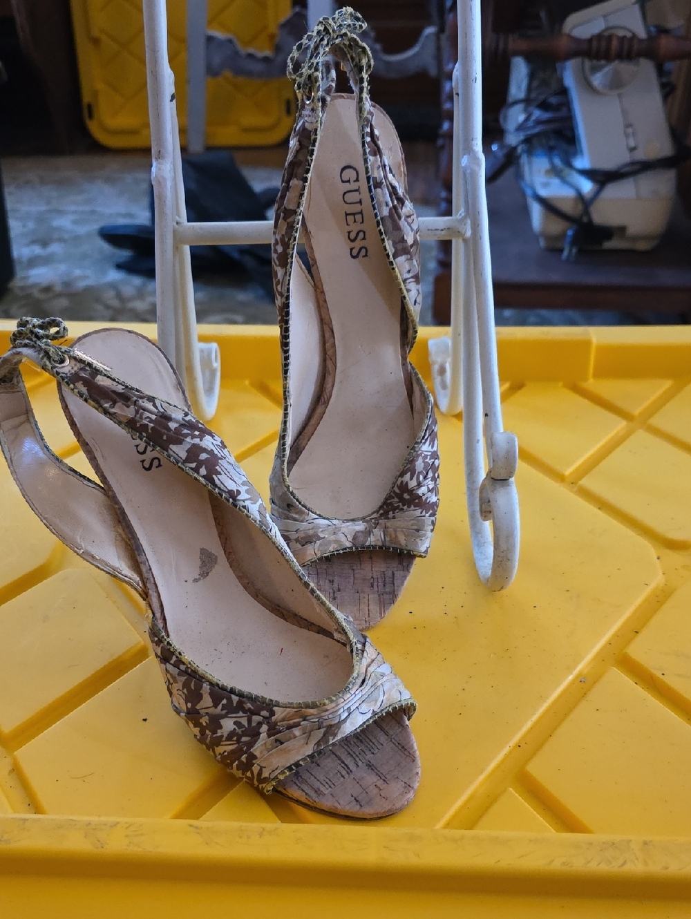 GUESS Beige Floral Slingback Cork Wedge Heels